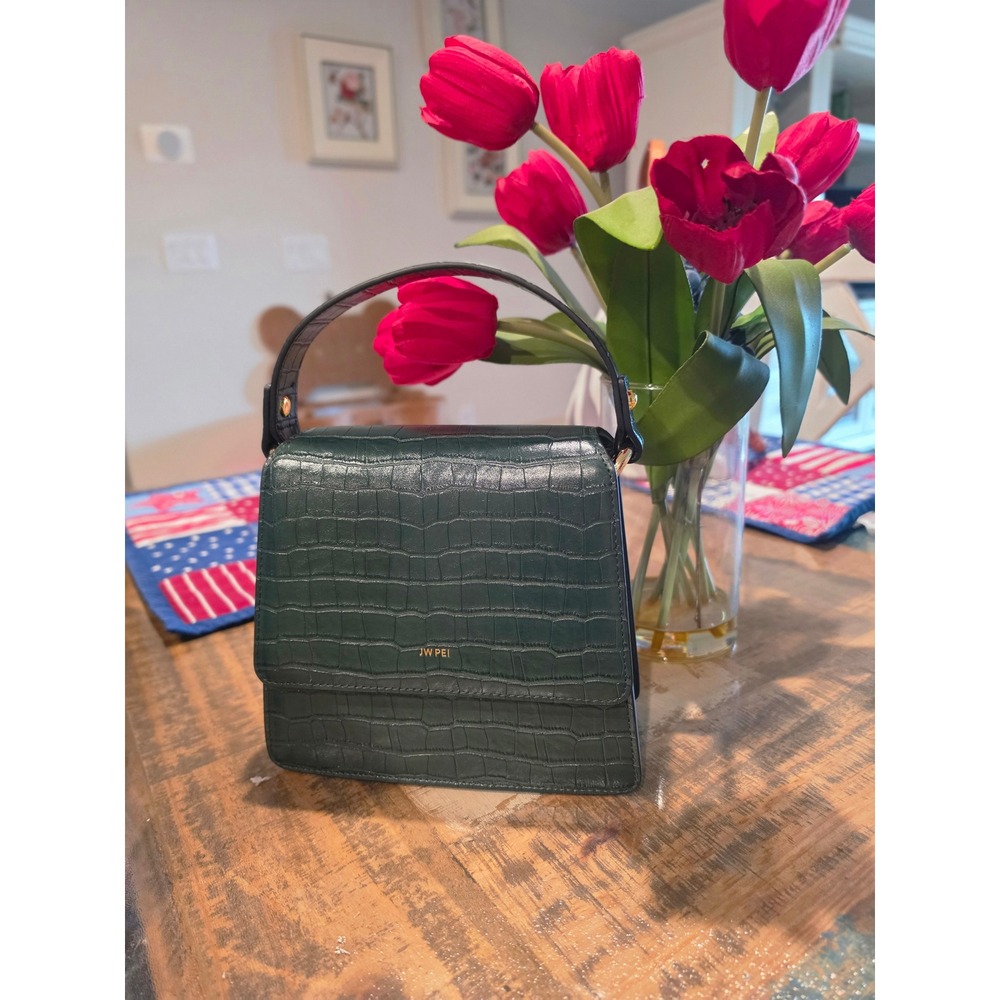 JW PEI Dark Green Croc Embossed‎ Vegan Leather Top Handle Flap Bag Gold Hardware